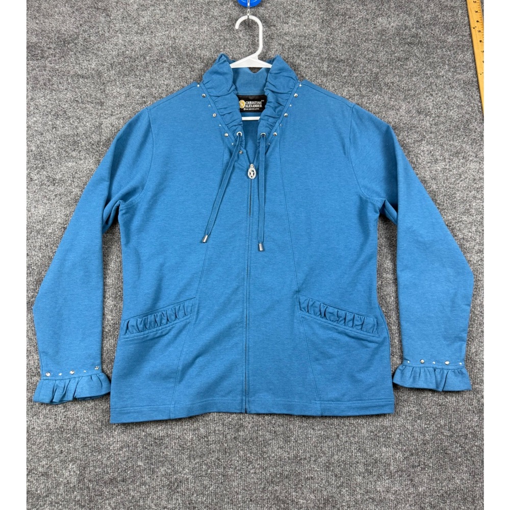 Christine Alexander Blue Ruffle Rhinestone Zip Up Jacket Womens Large Sweatshirt